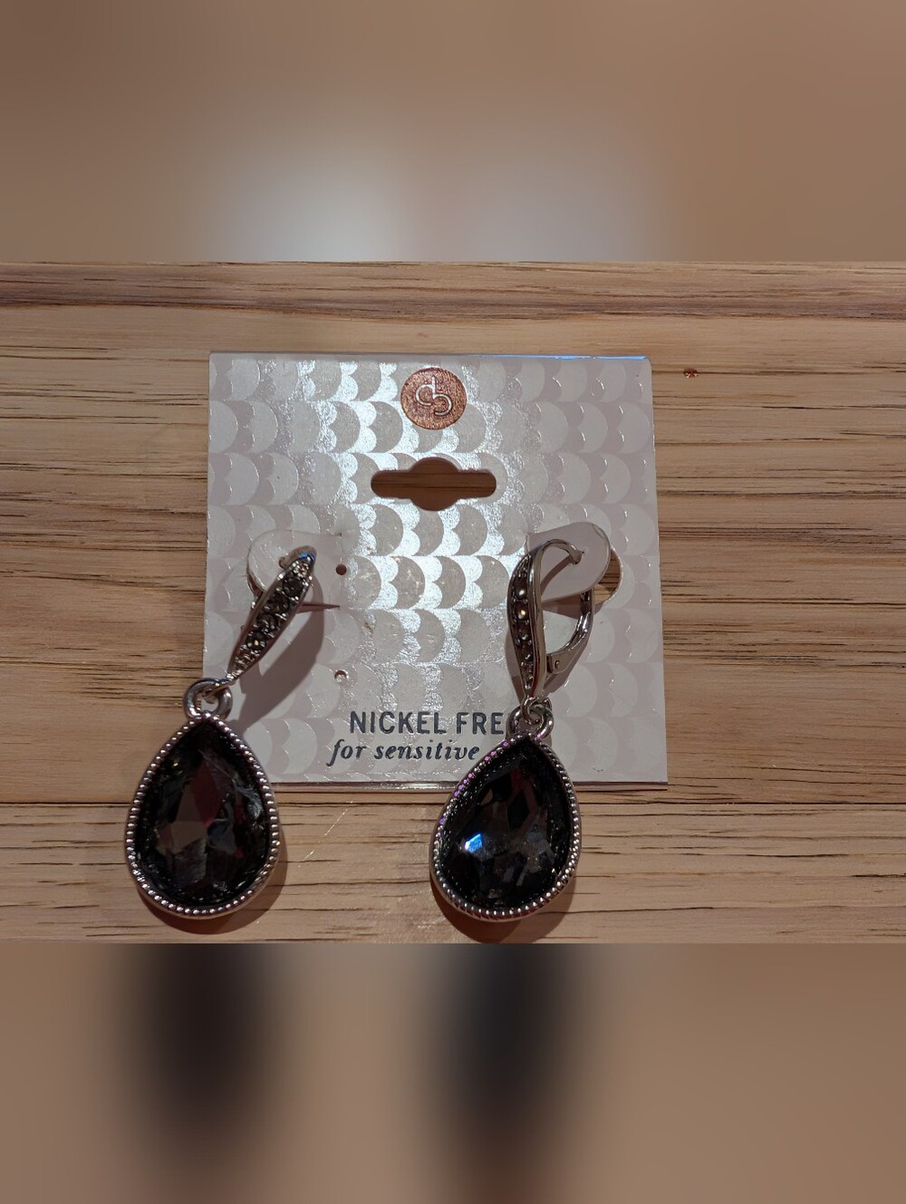 Silvertone Lever Back Deep Gray Teardrop Dangle Earrings - Nickel Free